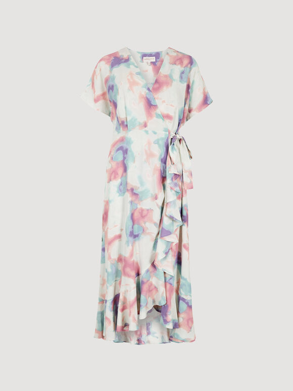 Watercolour Ruffle Wrap Midi Dress, Mint, large