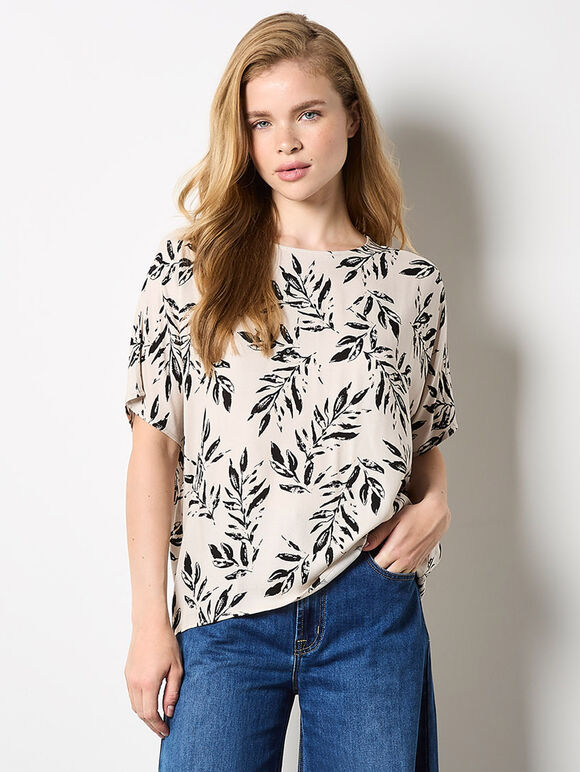 Leaf Print Woven T-Shirt, Stone, large