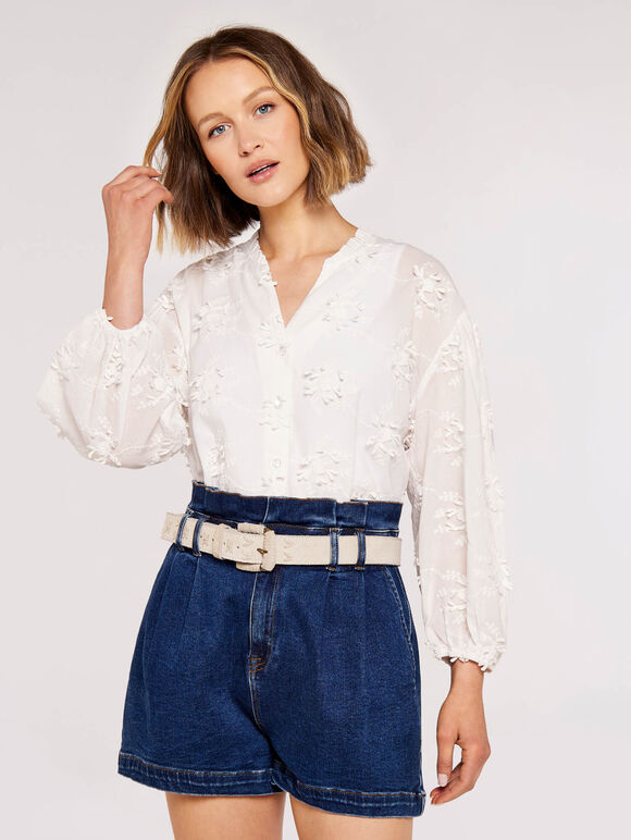 Embroidered Volume Sleeve Top, Cream, large