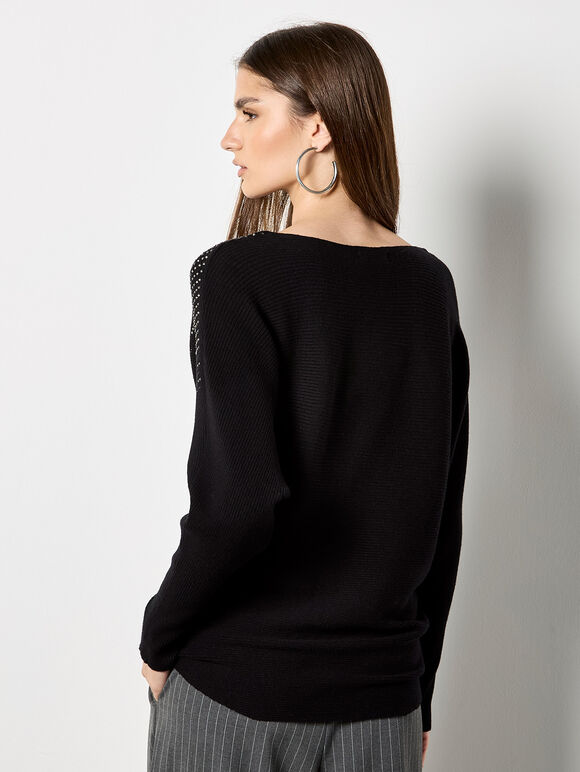 Rhinestone Embellished Batwing Jumper, Black, large
