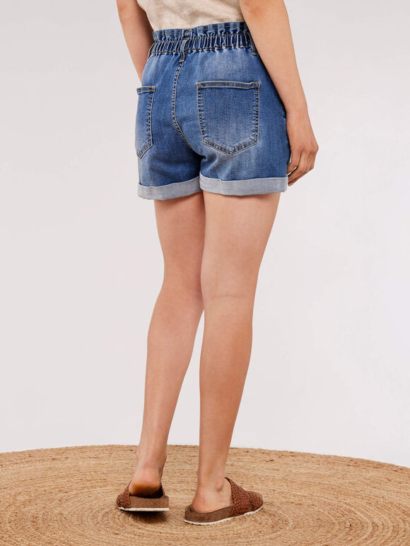 Ruched Denim Rolled Hem Shorts, Blue, large