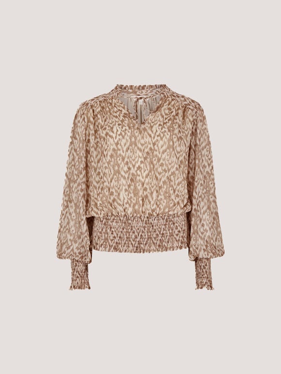 Ikat Swirl Shimmer Chiffon Top, Stone, large