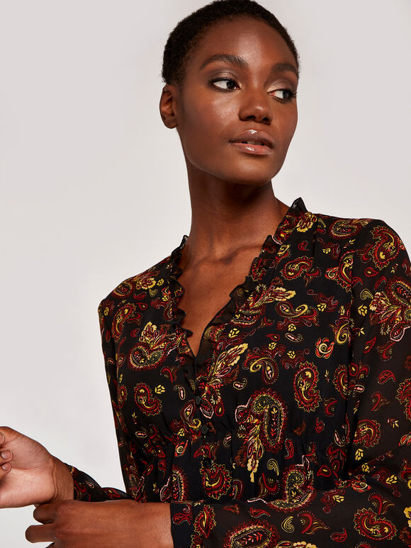 Paisley Long Sleeve Ruffle Dress, Black, large