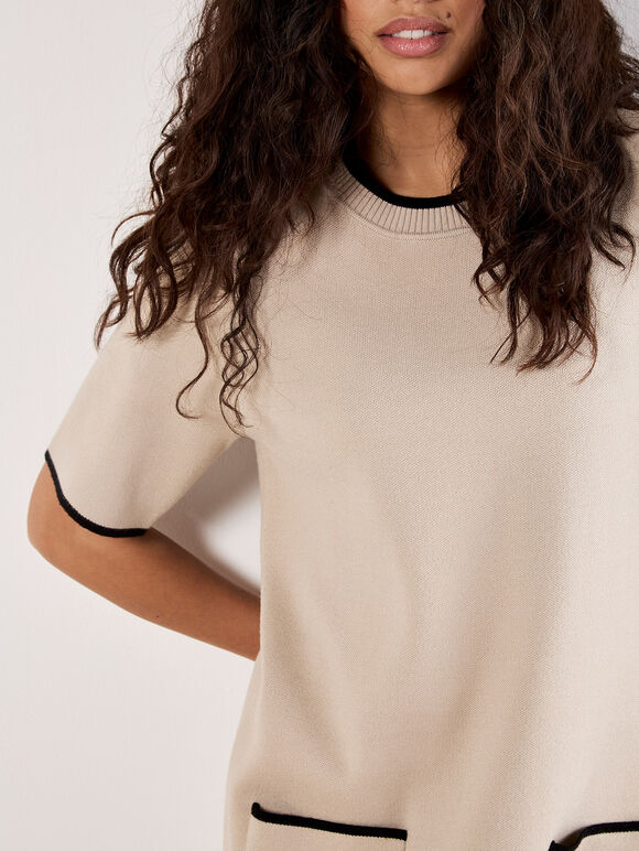 Monochrome Knitted Mini Dress, Stone, large