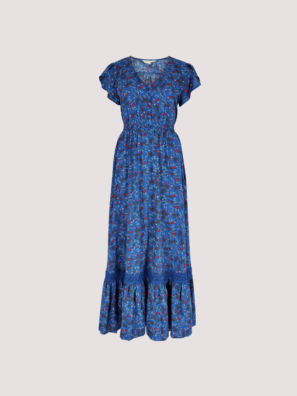 Floral Maxi Dress with Lace Detail, Blue, large