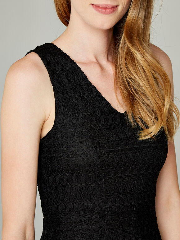 Chevron V-Neck Skater Dress, Black, large