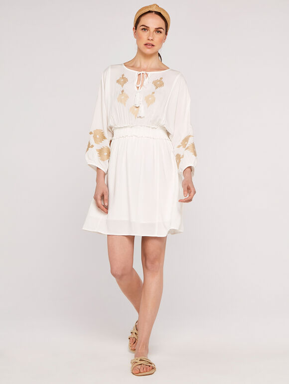 Embroidery Side Tie Dress, Cream, large