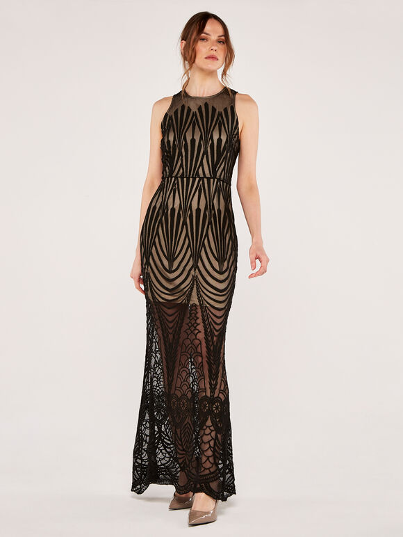 Embroidered Maxi Dress, Black, large