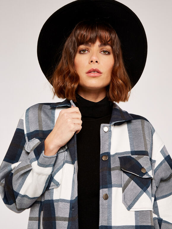 Check Button Down Shacket, Navy, large