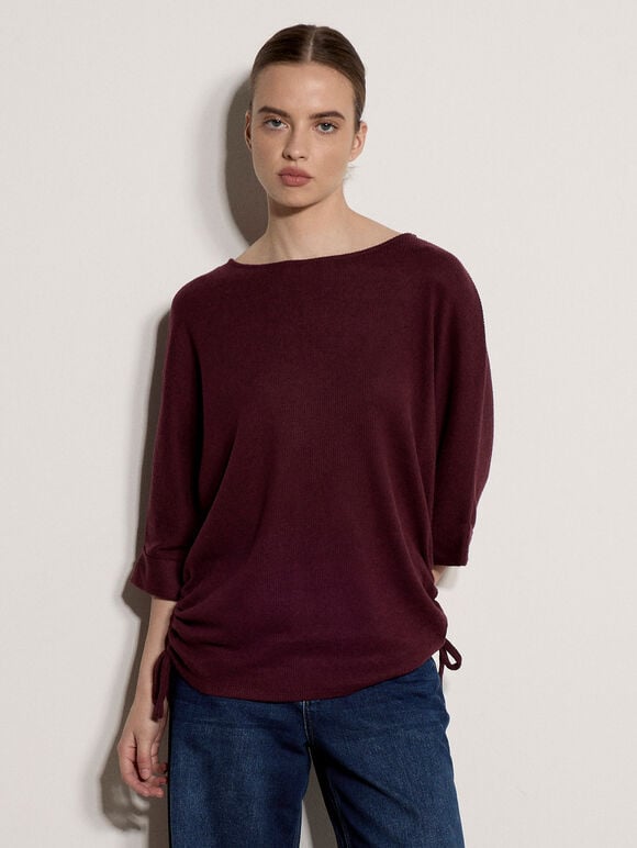 Soft Touch Drawstring Batwing Top, Burgundy, large