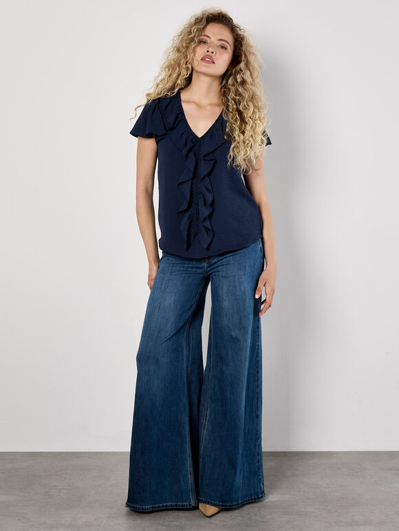 Ruffle Front Woven Top, Navy, large
