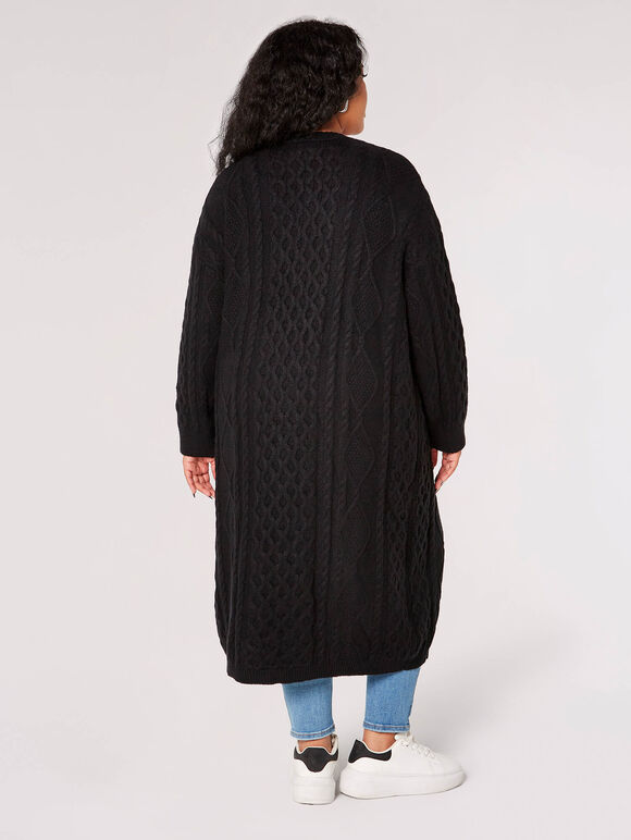 Curve Longline Cable Knit Cardigan , Black, large