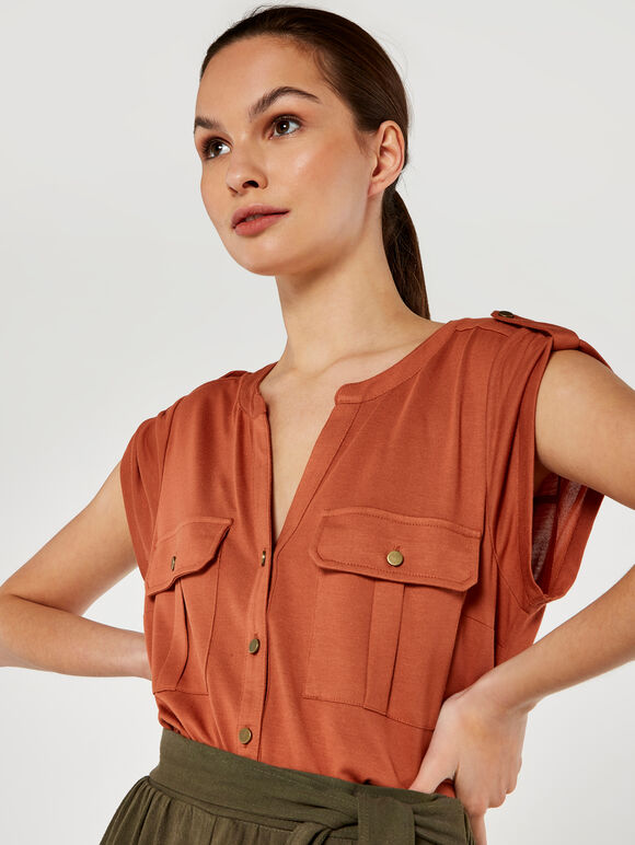 Pocket Vneck Military Top, Rust, large