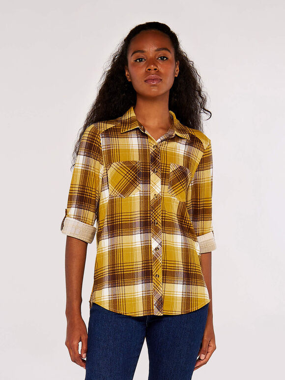 Check Brushed Jersey Shirt, Mustard, large
