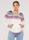 Fairisle Pocket Hoodie Jumper, Cream, large