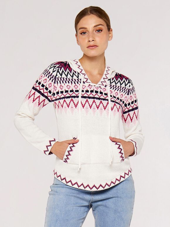 Fairisle Pocket Hoodie Jumper, Cream, large