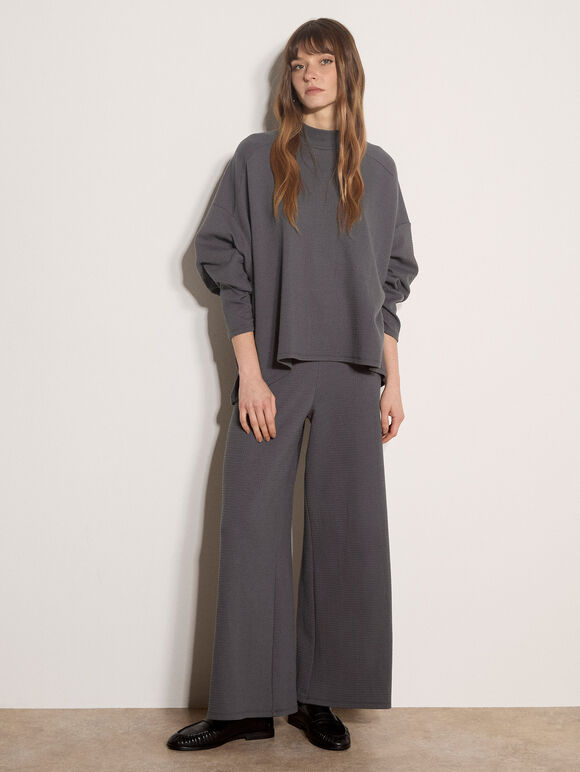 Waffle Jersey Knit Oversized Top, Dark Grey/Charcoal, large