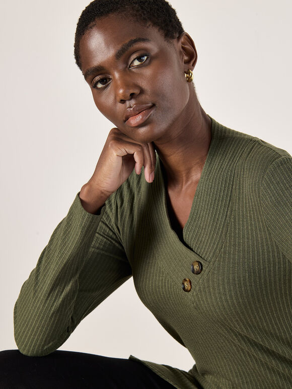 Wrap Hem Ribbed Tunic Top, Khaki, large