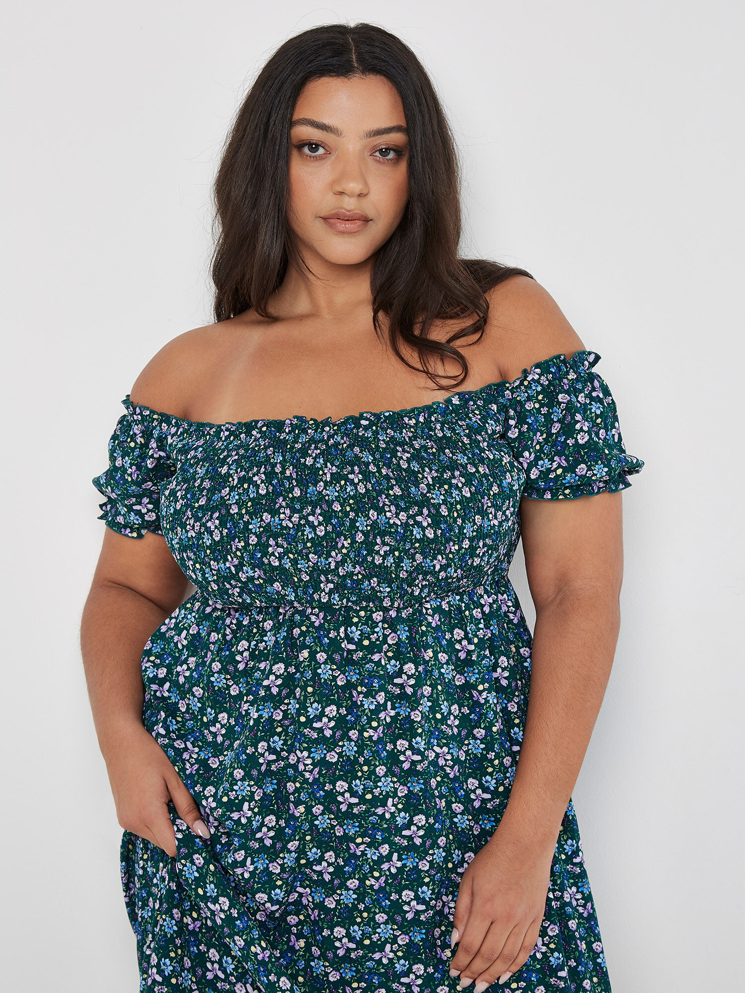 Curve Ditsy Floral Bardot Midi Dress Apricot Clothing
