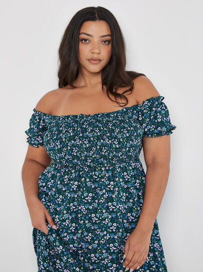 Curve Ditsy Floral Bardot Midi Dress