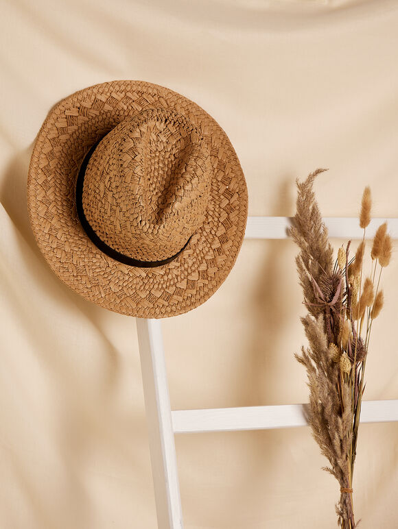 Raffia Fedora Hat, Stone, large