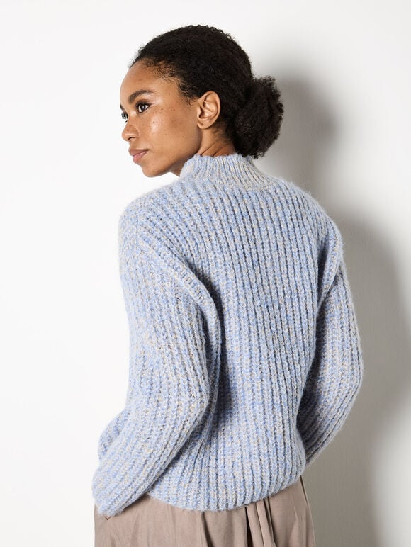 Mock Neck Soft Chunky Knit Jumper, Blue, large