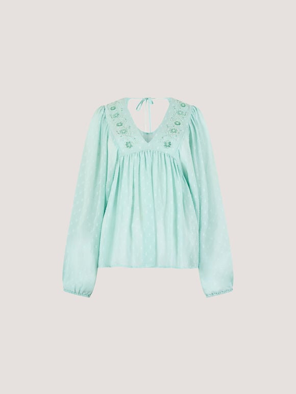 Dobby Bead Embellished Empire Top, Blue, large