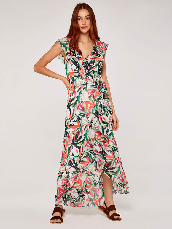 Palm Print Ruffle Dress, Cream, large