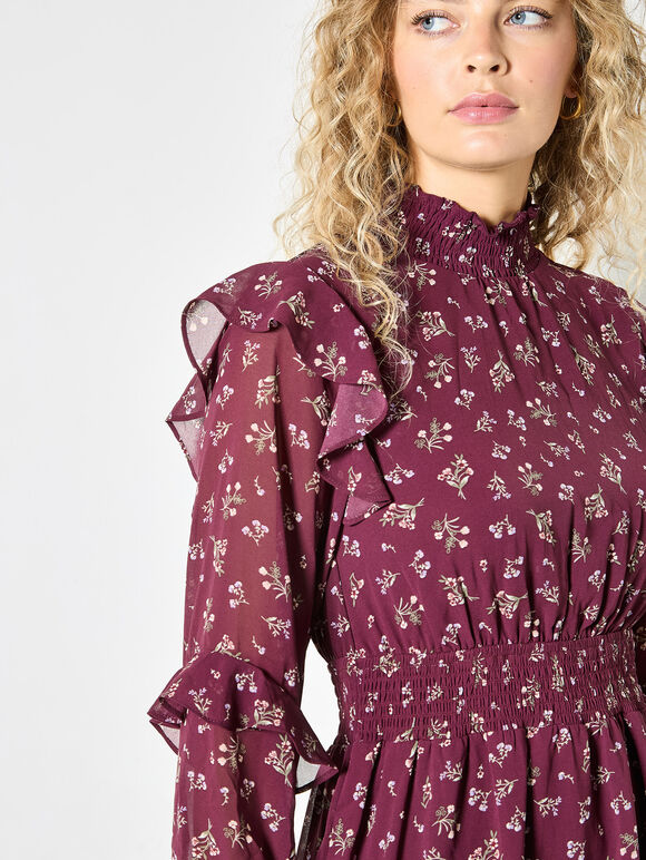 Ditsy Floral Chiffon Tiered Mini Dress, Burgundy, large