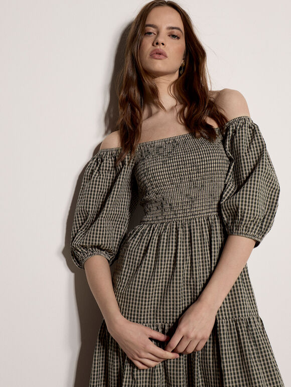 Cotton Gingham Milkmaid Midaxi Dress, Green, large