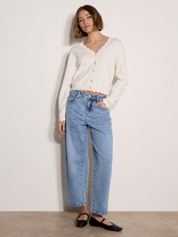 Scallop Hem Cardigan, Cream, large