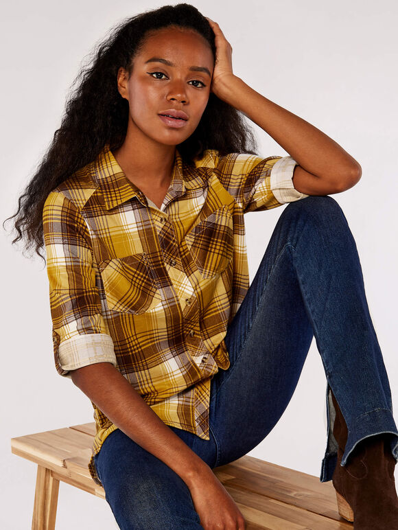 Check Brushed Jersey Shirt, Mustard, large