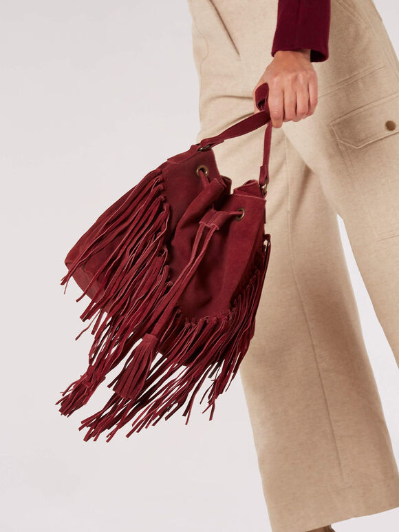 Leather Fringed Bucket Bag, Red, large