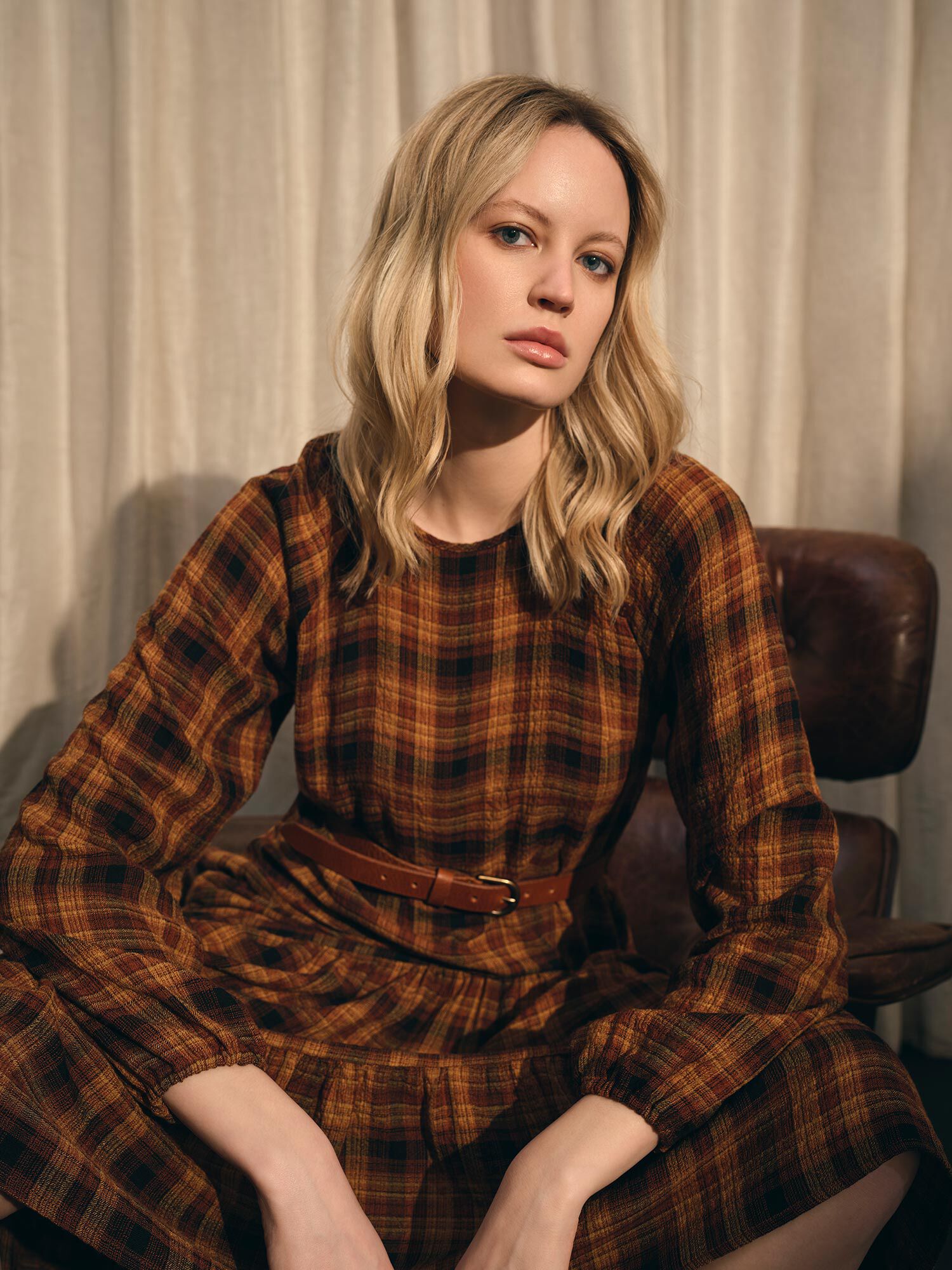 Textured Check Midi Dress Apricot Clothing