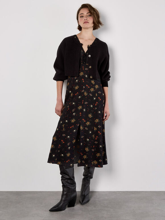 Floral Heart Midi Dress, Black, large