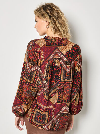 Patchwork Print Ruffle Blouse