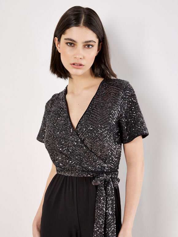 Chevron Sequin Wide Leg Jumpsuit, Dark Grey - Charcoal, large