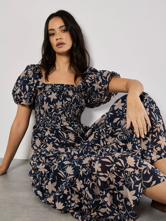 Sarasa Floral Tiered Midi Dress, Navy, large