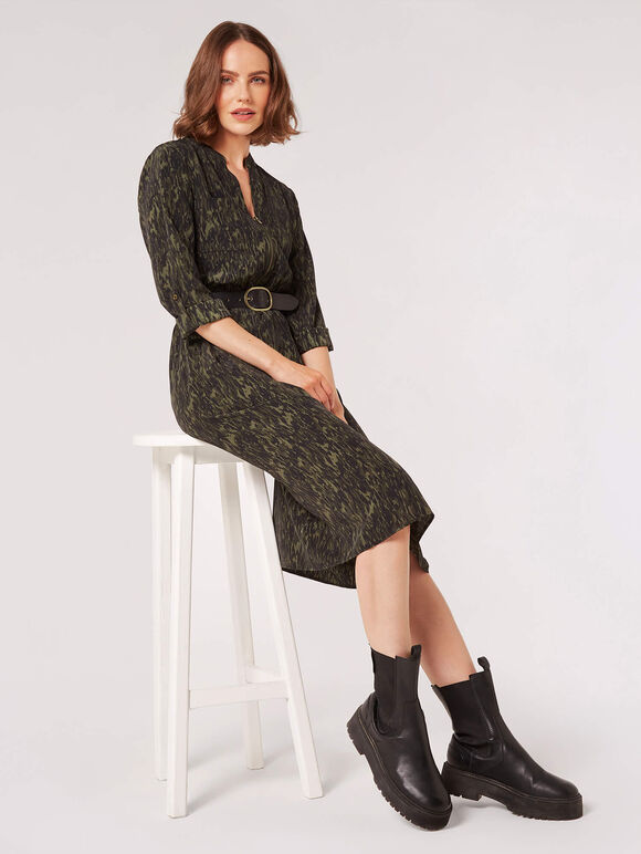 Texture Print Zip Midi Dress, Green, large