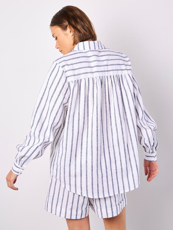 Striped Linen Shirt, Navy, large