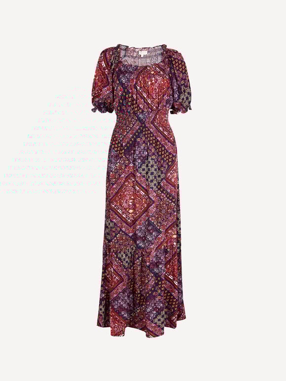 Boho Folk Print Maxi Dress, Purple, large