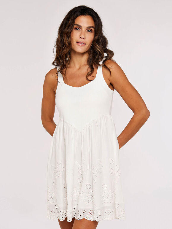 Jersey Broderie Mini Dress, White, large