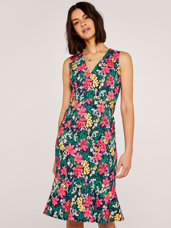 Tropical Floral Midi Dress, Navy, large