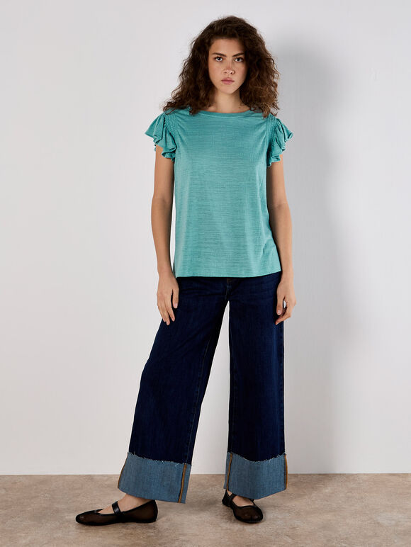 Soft Slub Ruffle Sleeve T-Shirt, Blue, large