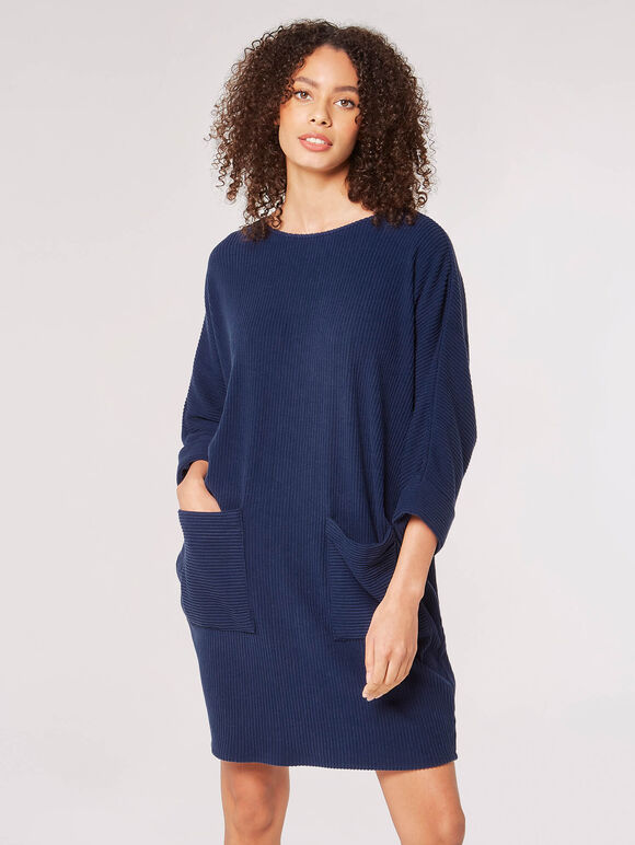 Ribbed Knit Cocoon Mini Dress, Navy, large