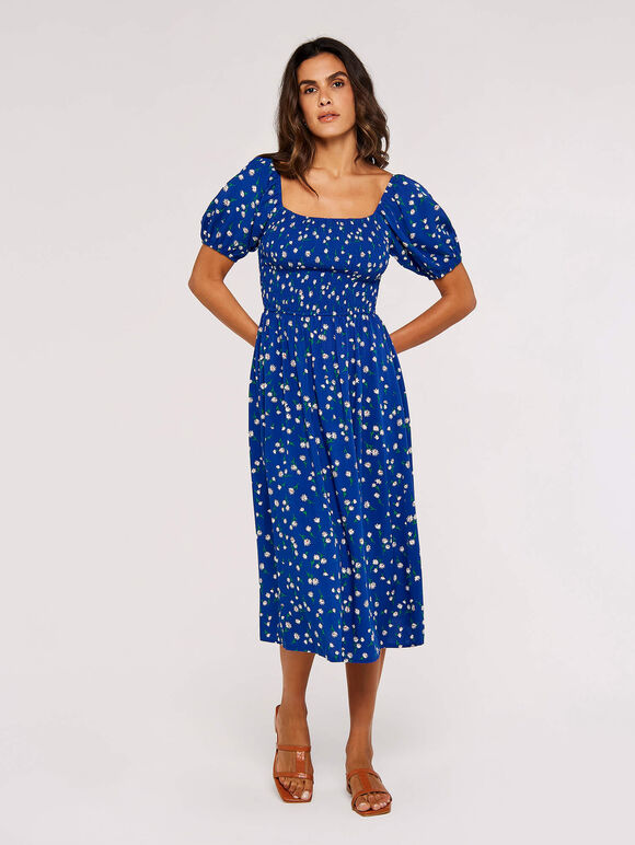 Floral Puff Sleeve Midi Dress, Blue, large