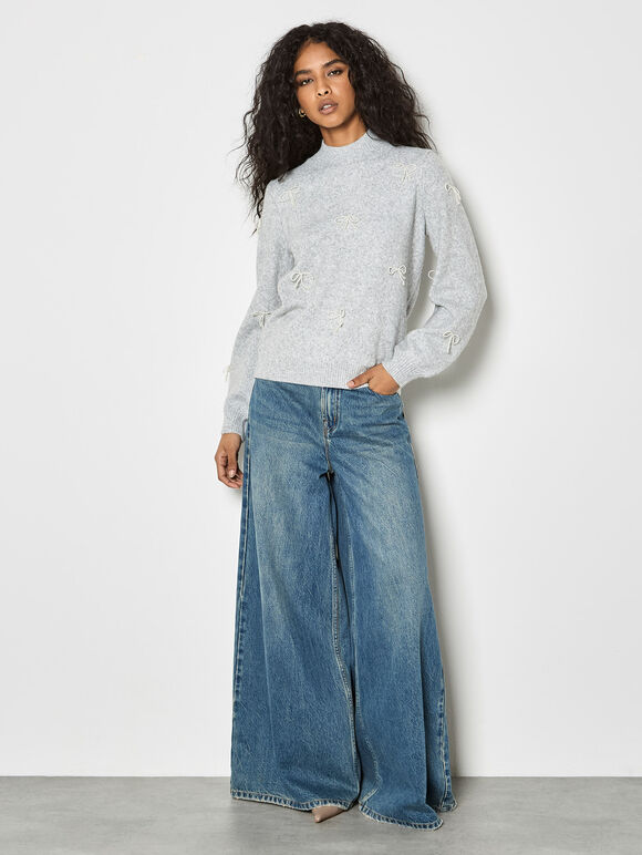 Pearl Bow Embellished Jumper, Grey, large