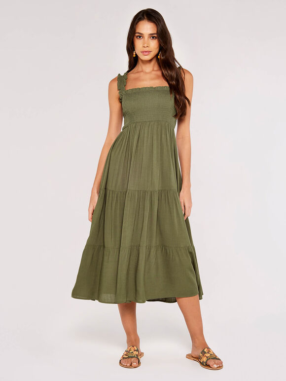 Smock Tiered Midi Dress, Khaki, large