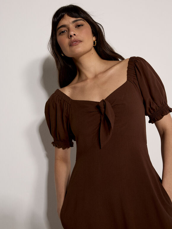 Tie Detail Milkmaid Midaxi Dress, Brown, large
