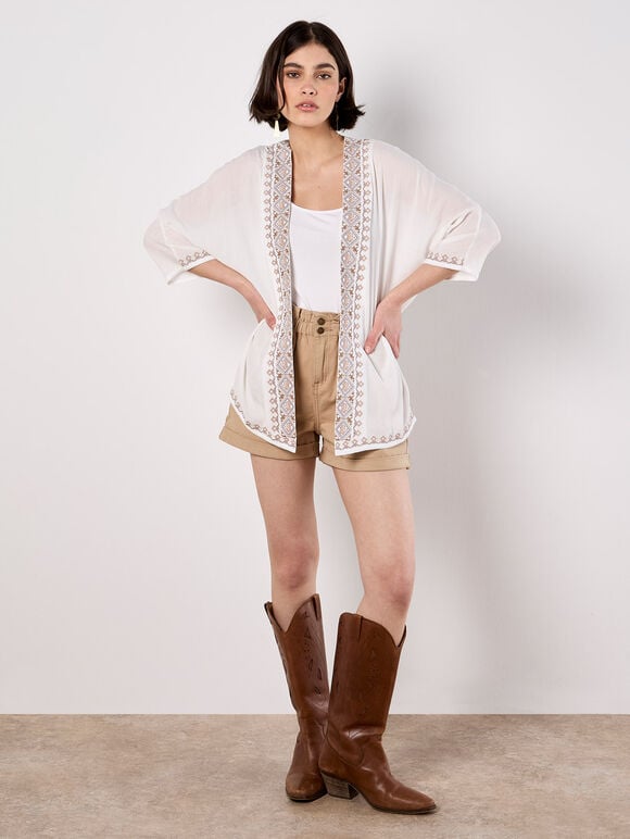 Embroidered Cover-Up Kimono, White, large